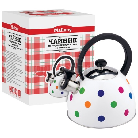 Чайник 2,2л MAL-0403 нерж.сталь, со свистком, капс.дно, в горошек/6шт/985607/Mallony